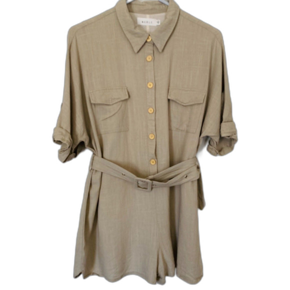 Mable Pants - MABLE Tan Linen Blend Pocket Belted Summer Vacation Cruise Beach Romper Size M